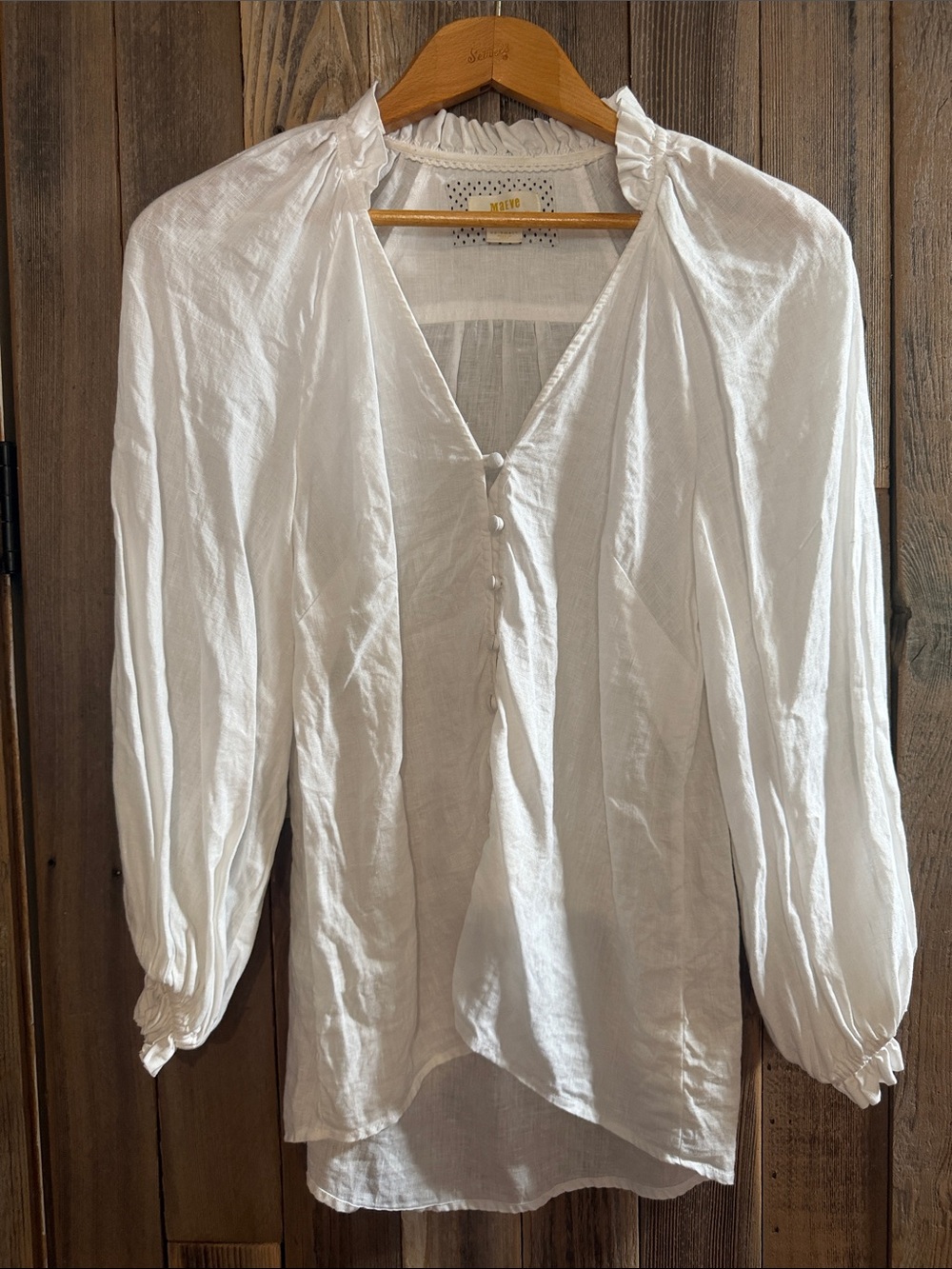 Maeve White V-Neck Button Blouse with Puff Sleeves